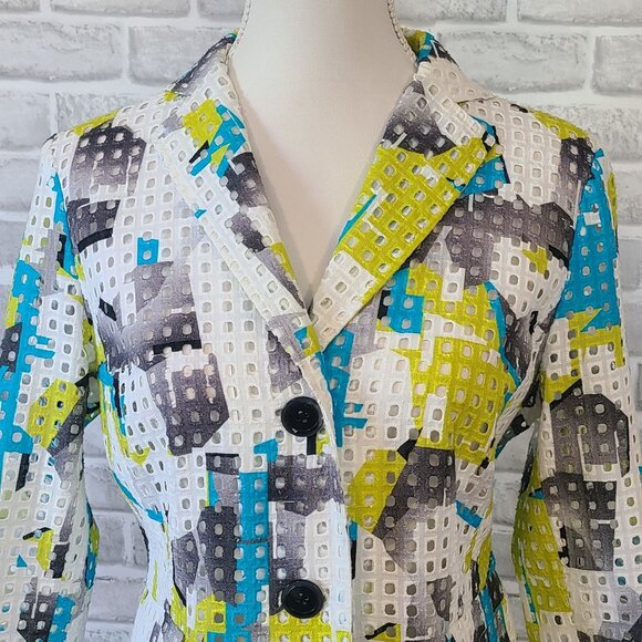 Per Se Cotton Silk Eyelet Blazer Jacket Abstract Art to Wear Dopamine Womens 8 - Picture 2 of 8